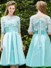 See Through Bateau Half Sleeves Appliques Dama Dresses in Apple Green