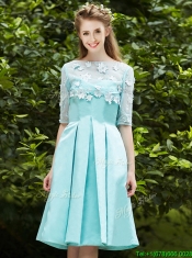 See Through Bateau Half Sleeves Appliques Dama Dresses in Apple Green