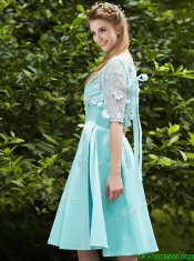 See Through Bateau Half Sleeves Appliques Dama Dresses in Apple Green