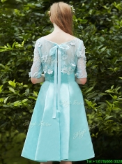 See Through Bateau Half Sleeves Appliques Dama Dresses in Apple Green