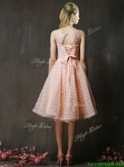 See Through Beaded and Applique Peach Prom Dresses with Polka Dot
