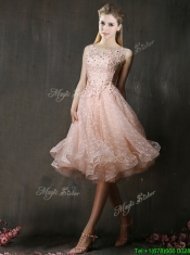 See Through Beaded and Applique Peach Prom Dresses with Polka Dot