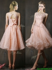 See Through Beaded and Applique Peach Prom Dresses with Polka Dot