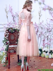 See Through High Neck Half Sleeves Dama Dresses with Bowknot