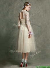 See Through High Neck Half Sleeves Prom Dresses with Lace and Bowknot