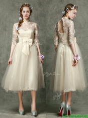 See Through High Neck Half Sleeves Prom Dresses with Lace and Bowknot