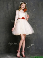 See Through High Neck Half Sleeves Short Prom Dresses with Belt