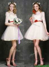 See Through High Neck Half Sleeves Short Prom Dresses with Belt