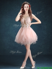 See Through Scoop Baby Pink rom Dresses with Appliques and Ruffles