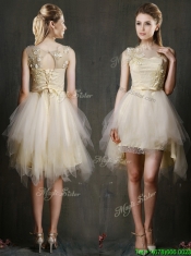 See Through Scoop Champagne Dama Dresses with Appliques and Belt
