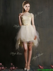 See Through Scoop Champagne Dama Dresses with Appliques and Belt