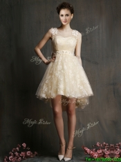 See Through Scoop Champagne Dama Dresses with Hand Made Flowers and Bowknot