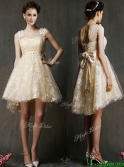 See Through Scoop Champagne Dama Dresses with Hand Made Flowers and Bowknot
