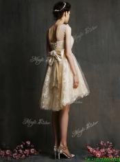 See Through Scoop Champagne Dama Dresses with Hand Made Flowers and Bowknot