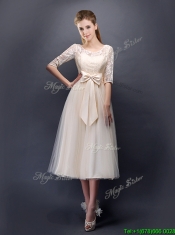 See Through Scoop Half Sleeves Champagne Prom Dresses with Bowknot