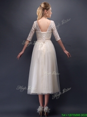 See Through Scoop Half Sleeves Champagne Prom Dresses with Bowknot