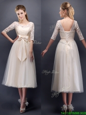 See Through Scoop Half Sleeves Champagne Prom Dresses with Bowknot