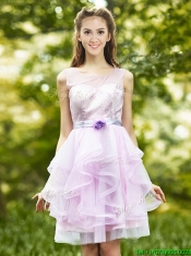 See Through Scoop Short Dama Dresses with Sashes and Ruffles