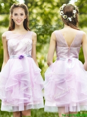See Through Scoop Short Dama Dresses with Sashes and Ruffles