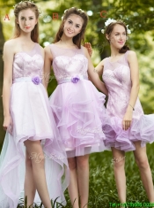See Through Scoop Short Dama Dresses with Sashes and Ruffles