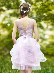 See Through Scoop Short Dama Dresses with Sashes and Ruffles