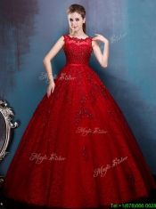 See Through Scoop Wine Red Prom Dress with Beading and Appliques