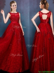 See Through Scoop Wine Red Prom Dress with Beading and Appliques