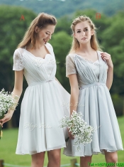 See Through Short Sleeves White Prom Dresses with Belt and Lace