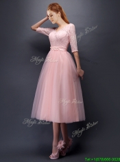 See Through V Neck Half Sleeves Dama Dresses with Lace and Belt