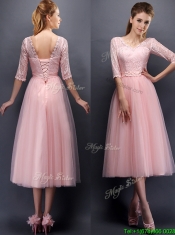 See Through V Neck Half Sleeves Dama Dresses with Lace and Belt