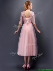 See Through V Neck Half Sleeves Dama Dresses with Lace and Belt