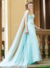 Simple Bateau Applique Watteau Train Prom Dresses in Light Blue