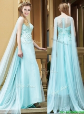 Simple Bateau Applique Watteau Train Prom Dresses in Light Blue