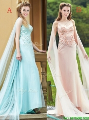 Simple Bateau Applique Watteau Train Prom Dresses in Light Blue
