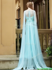 Simple Bateau Applique Watteau Train Prom Dresses in Light Blue