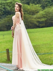 Unique Bateau Watteau Train Light Pink Dama Dresses with Applique