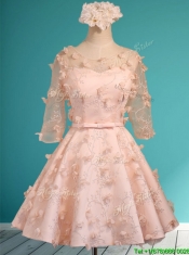 Wonderful Applique and Belted Scoop Short Dama Dresses in Peach