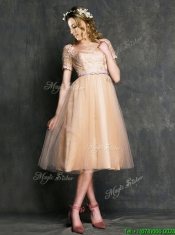 Beautiful Bateau Short Sleeves Prom Dresses with Sashes and Lace