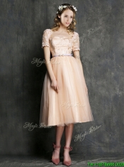 Beautiful Bateau Short Sleeves Prom Dresses with Sashes and Lace