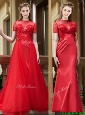 Beautiful See Through Short Sleeves Prom Dresses with Removable Train