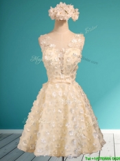 Best Scoop Champagne Short Prom Dresses with Appliques and Belt