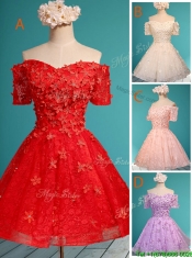 Cheap Off the Shoulder Short Sleeves Prom Dresses with Appliques and Beading