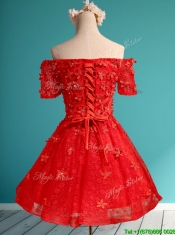 Cheap Off the Shoulder Short Sleeves Prom Dresses with Appliques and Beading