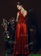 Cheap Scoop Laced and Bowknot Prom Dresses in Wine Red