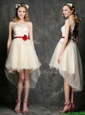 Classical One Shoulder High Low Champagne Prom Dresses with Belt and Appliques