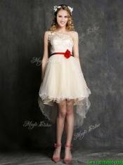 Classical One Shoulder High Low Champagne Prom Dresses with Belt and Appliques