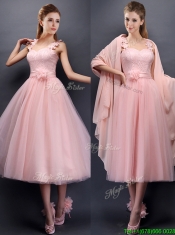 Classical Straps Baby Pink Prom Dresses with Appliques and Hand Made Flowers