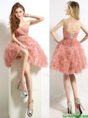 Classical Sweetheart Beaded and Ruffled Short Prom Dresses in Peach