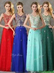 Classical V Neck Red Prom Dresses with Appliques and Beading