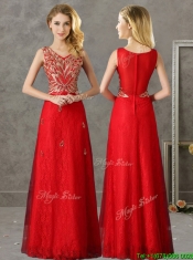Classical V Neck Red Prom Dresses with Appliques and Beading